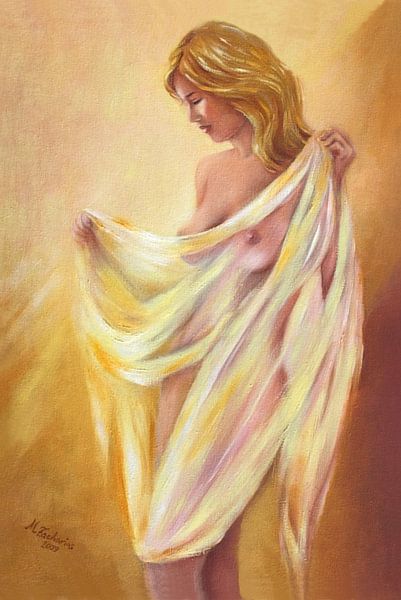 Female Nude with Cloth - Erotic painting by Marita Zacharias