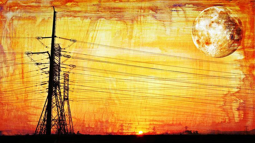Power lines and pylons at sunrise mixed media by Werner Lehmann