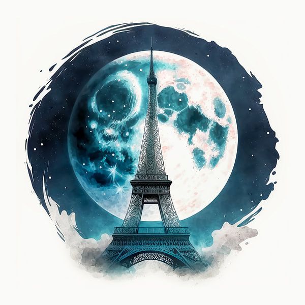 Aquarelle de la tour Eiffel en pleine lune par Vlindertuin-Art