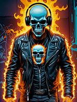 Fiery skeleton biker in headphones