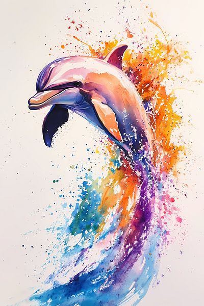 Bunte Delphin-Aquarellmalerei von Imperial Art House