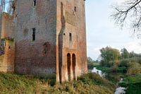Ruin next to a stream with trees along the side