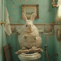 Un lapin tout doux lit le journal dans les toilettes