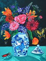 Bunte Blumen Poster mit Delfter Blau und Schmetterlingen und Insekten| Kunstdruck Alte Meister mit einem Augenzwinkern