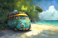 Gemälde eines bunten, alten Hippie-Busses, der am Strand geparkt ist,