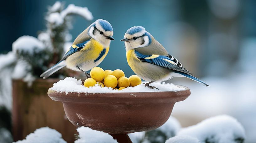 Cyanistes caeruleus Blue tits Birds feed at a feeder in winter when there is snow in the garden by Animaflora PicsStock