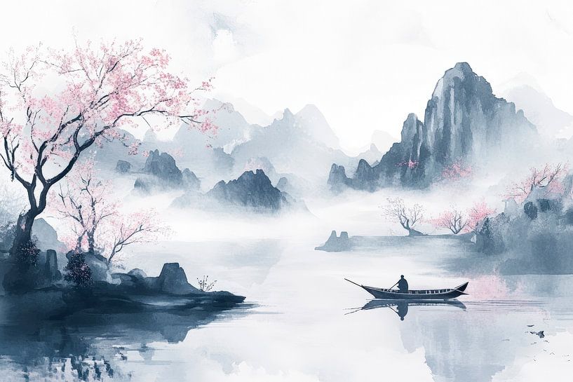 Vredig landschap met boot en bergen van Poster Art Shop