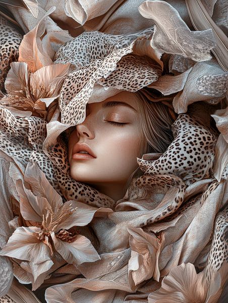Mystisches Porträt mit Blumen und Stoffen von Your unique art