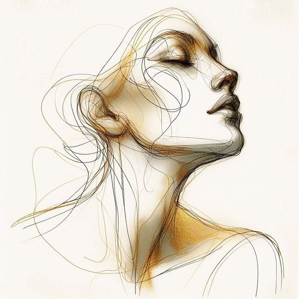 Portrait en or et noir. dessin au trait .e (2) par Ineke de Rijk