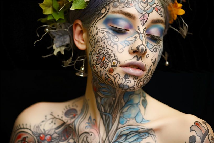 Kunstvoll geschmückte Frau mit Blumenkrone und Tattoos von Glitzy Fusion Frames