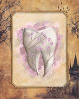 Zahn & Blumen. Surreales Gemälde. Vintage Hintergrund.