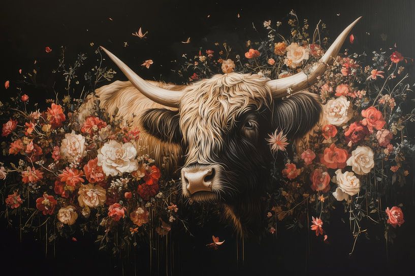 Romance in Bloom - Hochlandkuh im Rosengarten - Schottischer Highlander von Eva Lee