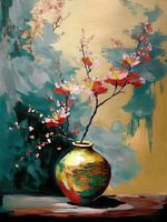 Fleur sur vase vert et or. Série : Nature morte de style japonais -1