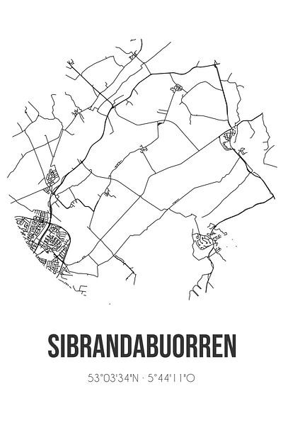Sibrandabuorren (Fryslan) | Carte | Noir et blanc par Affiches de lieux
