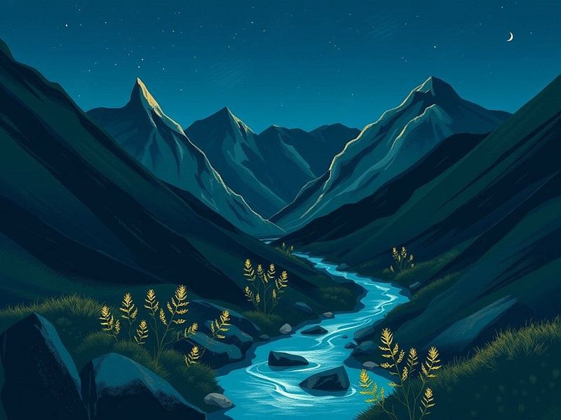 Mondbeschienene Gelassenheit: Ein Saphirfluss, der sich durch majestätische Täler unter einem sternenverhangenen Dämmerungshimmel windet von Artistic