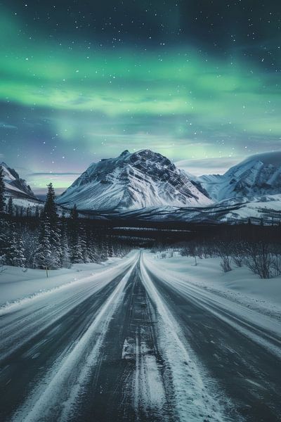 Polarlichter über verschneiter Straße von Poster Art Shop