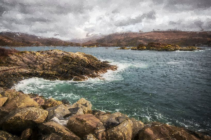Sea water colliding with rocks in Scotland by Digitale Schilderijen