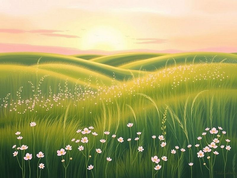 Gelassenheit bei Sonnenaufgang: Eine grüne Wiese mit sanften Hügeln und Wildblumen von Artistic