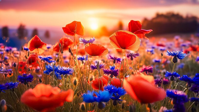 Poppies and cornflowers during sunset by Dutch Art Works