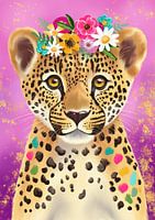 Léopard avec des fleurs sur fond rose