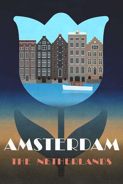 Amsterdam, Vintage-Poster mit Grachtenhäusern in einer Tulpe von Roger VDB
