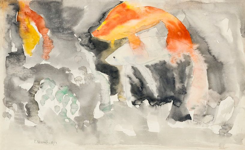 Aquarellzeichnung in Blau und Grün. Fisch-Serie Nr. 5 von Charles Demuth von Dina Dankers