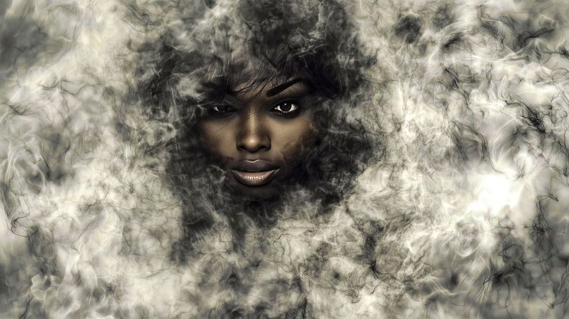 Woman with afro in mystical smoke by Frank Heinz
