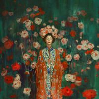 Elegante Frau im traditionellen Kimono, umgeben von Blumen