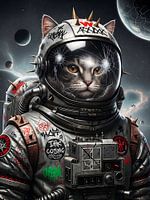 Rebellious Feline Astronaut in Spiked Spacesuit with Cosmic