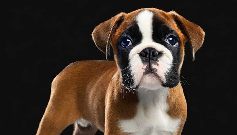 Portrait of a German boxer puppy isolated on a black background, cut out by Animaflora PicsStock