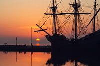 Sunrise in Volendam with historic ship the Halve Maen
