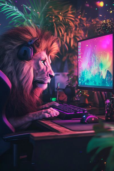 Löwe vor dem Gaming-PC von Poster Art Shop