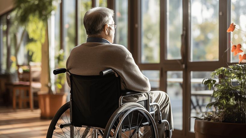 Old man in a raw chair looks out of the window in a retirement home by Animaflora PicsStock