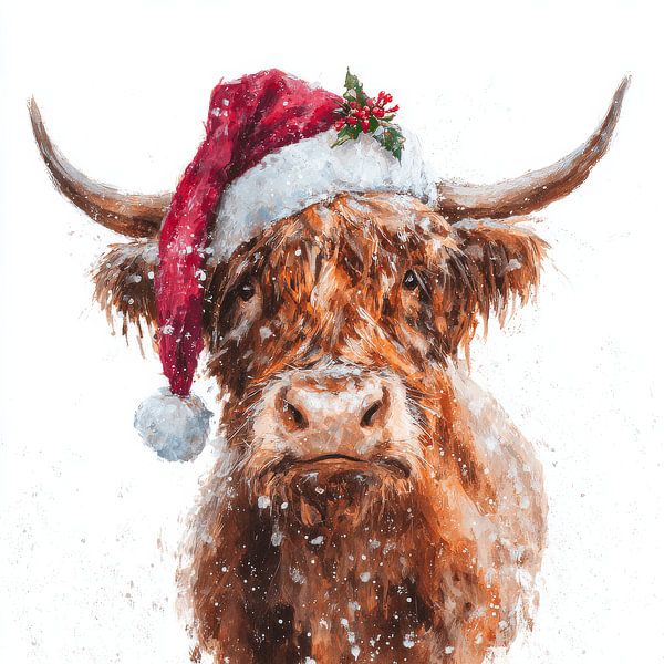 Scottish Highlander cow Christmas greeting in winter light by Eva Lee
