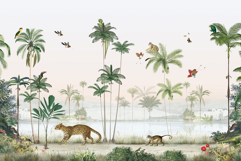 Tropischer Dschungel mit Palmen und exotischen Tieren von Mrdododesign