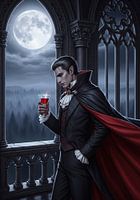 Vampir hält Weinglas auf Balkon unter Mondlicht