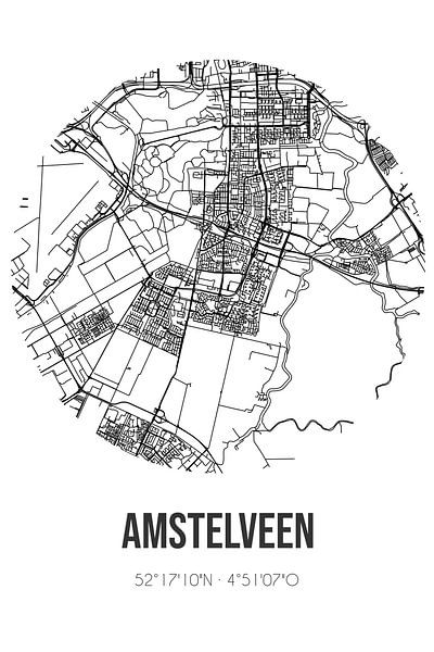 Amstelveen (Noord-Holland) | Karte | Schwarz und Weiß von Ortsdrucke
