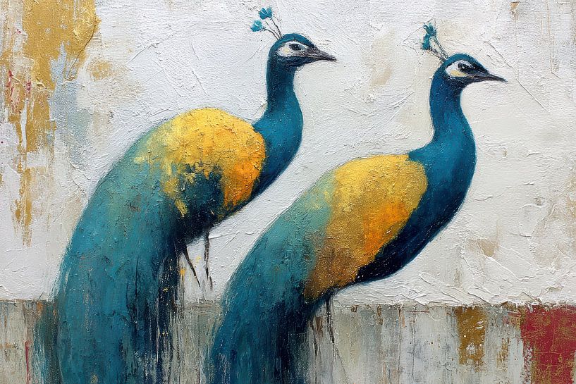 Deux paons aux ailes dorées par Digitale Schilderijen