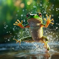 Ein grüner Frosch springt aus dem Wasser