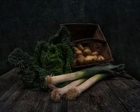 Still life with cabbage, leek and potatoes