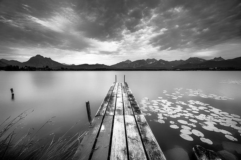 Sfeervol licht bij de Hopfensee in de Allgäu in zwart-wit van Manfred Voss, Zwart-Wit Fotografie