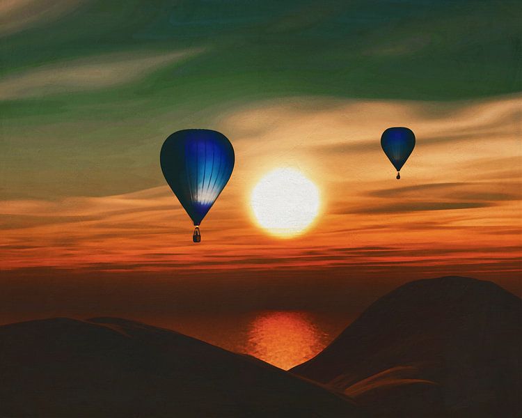 Hot air balloons sail over the sea sunset by Jan Keteleer