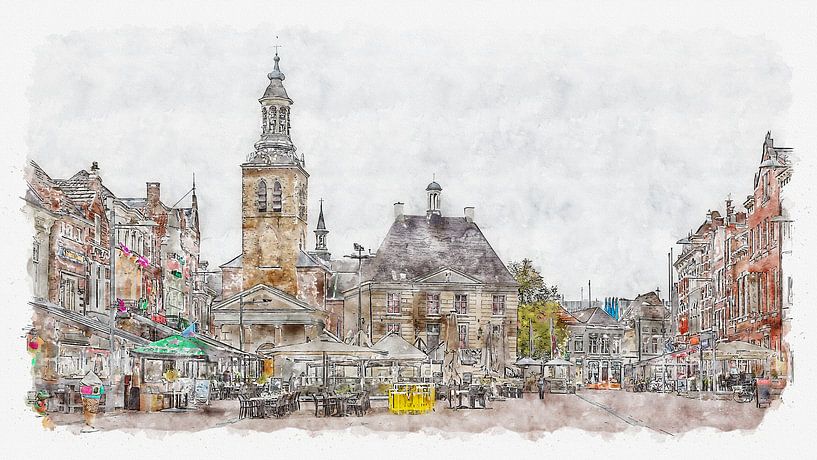 Marché, hôtel de ville et église St. John's à Roosendaal (aquarelle) par Art by Jeronimo