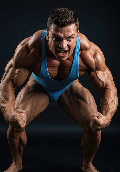 Männlicher Bodybuilder mit Muskeln im blauen Unterhemd von Markus Gann