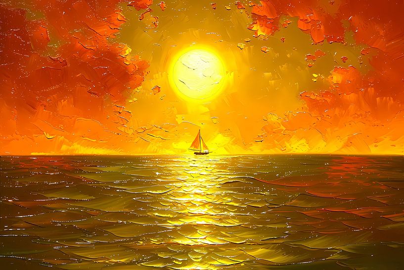 Schöner Sonnenuntergang mit Segelboot auf See von Art & Soul Creations