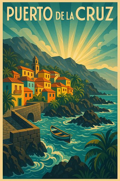 Puerto de la Cruz Art Deco Druck - Bunte Stadt am Meer Illustration von Travel Shop