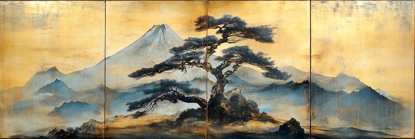 Berglandschaft mit goldenem Himmel und Kiefern Japandi Panorama von Digitale Schilderijen