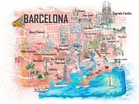 Carte de voyage illustrée de Barcelone avec les routes principales, les curiosités et les points sai
