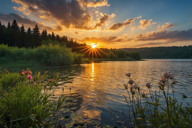 Atemberaubender Sonnenuntergang am ruhigen See von Art & Soul Creations