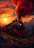 Illustration d'un train à vapeur sur fond de coucher de soleil